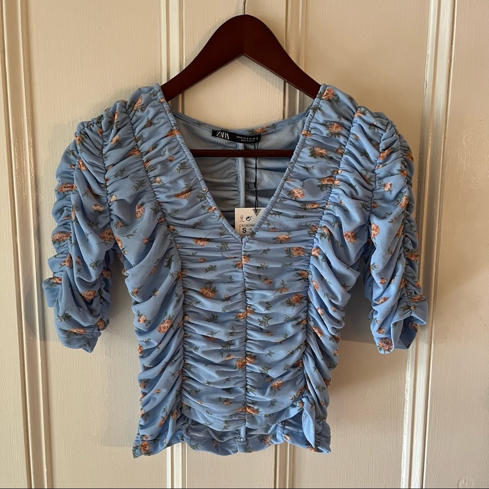 COPY - Zara light blue floral ruched top NWT